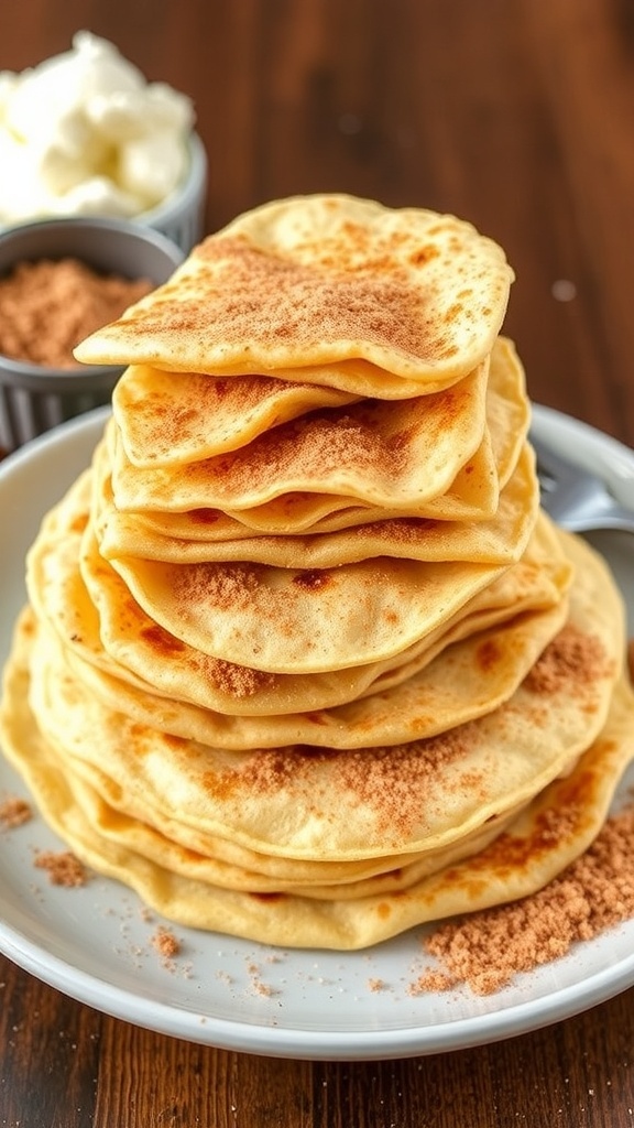 Stack of crispy cinnamon sugar tortillas on a plate with a bowl of cinnamon sugar and ice cream.